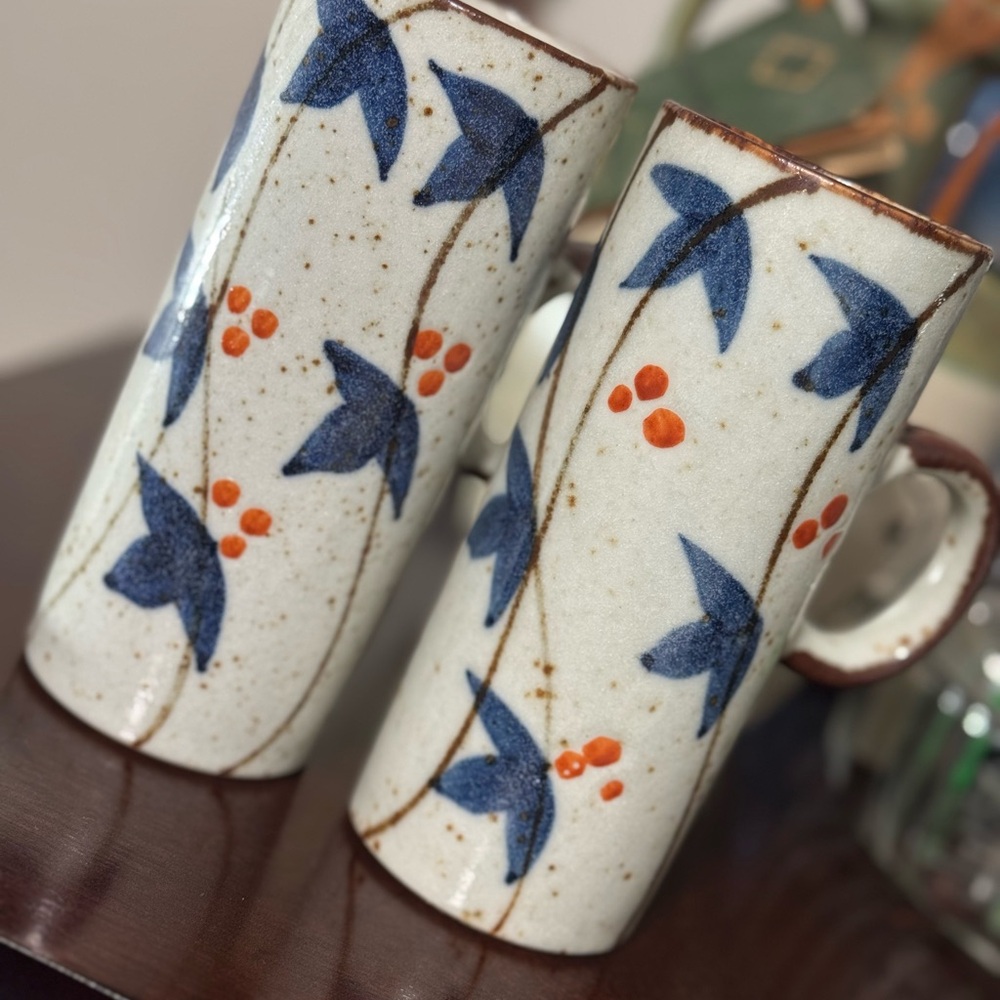 1960’s Asian Blue MCM Organic Stoneware Pottery Coffee Mugs